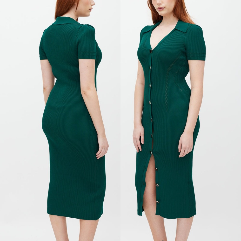 Self-Portrait Green Viscose Ribbed Knit Bodycon Midi Dress Button Down Small